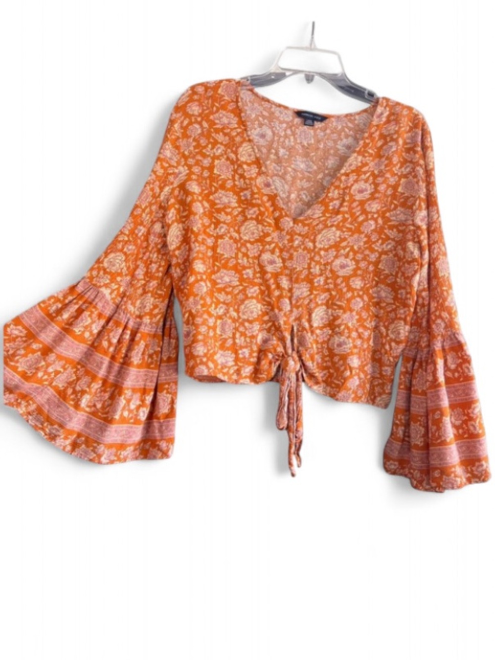American Eagle Outfitters orange floral tie-front crop top, bell sleeves, size L